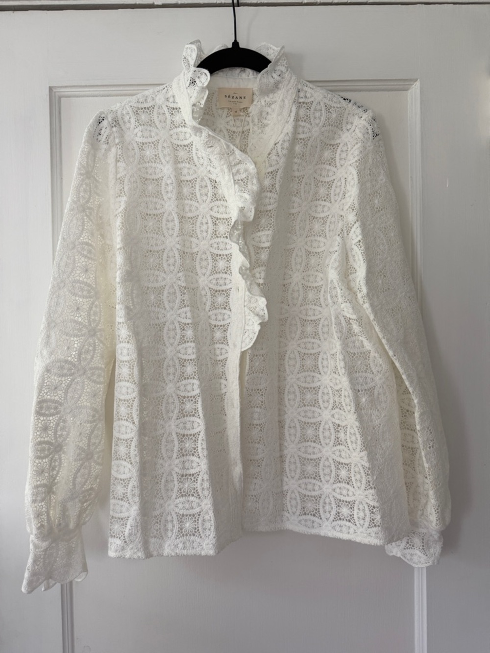Sezane Cream Lace Ruffled Placket Blouse